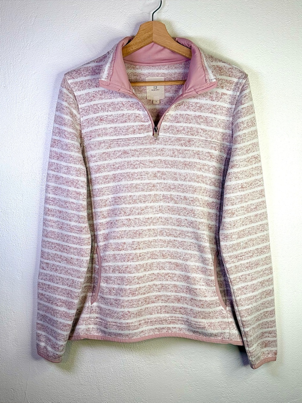 Thread & Supply Pink White Striped Marled Knit Quarter Zip Pullover Sweater Sz L